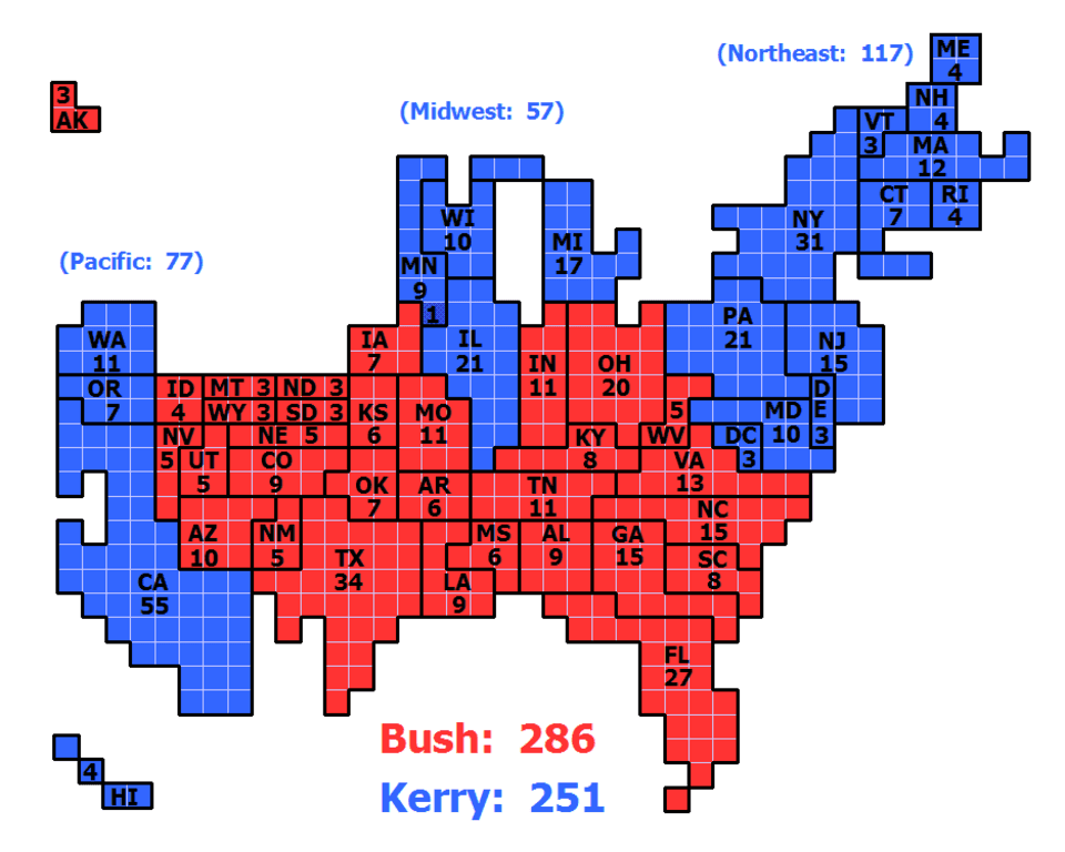 A tile-grid cartogram of the 2004 U.S. presidential election, sized by electoral votes rather than land area