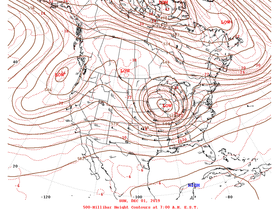 A real 500-millibar height contour (isoline) weather map over North America