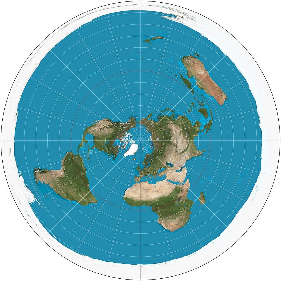 The azimuthal equidistant map projection, centered on the North Pole