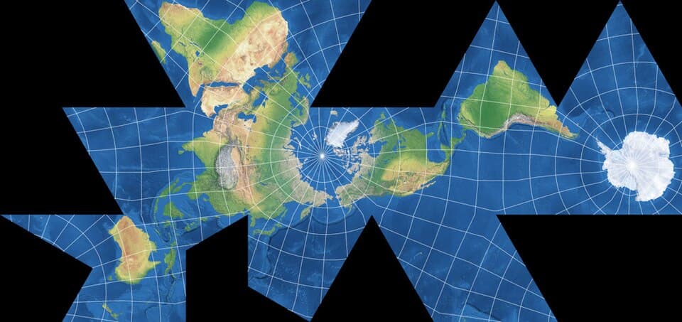 A physical model of Buckminster Fuller's Dymaxion map projection, unfolded onto the faces of an icosahedron