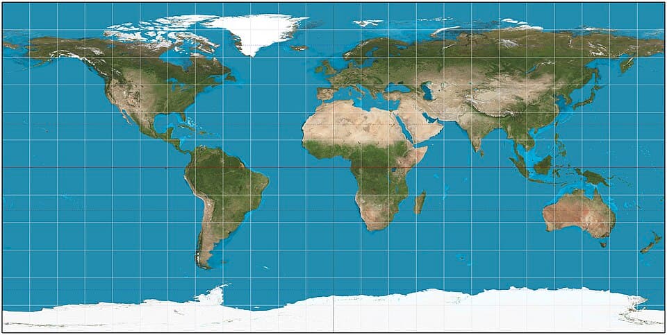 The equirectangular map projection, a simple projection with straight, evenly spaced latitude and longitude lines