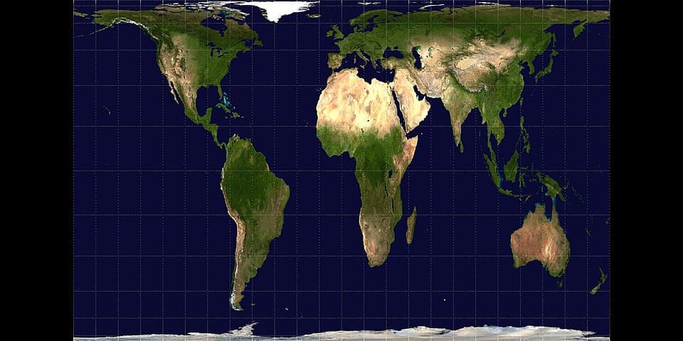 The Gall-Peters map projection, an equal-area projection that stretches landmass shapes