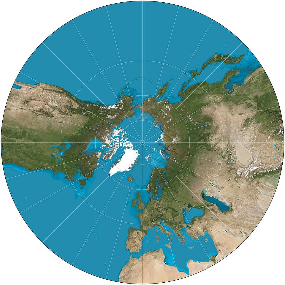 The Gnomonic map projection, on which straight lines represent the shortest path between two points