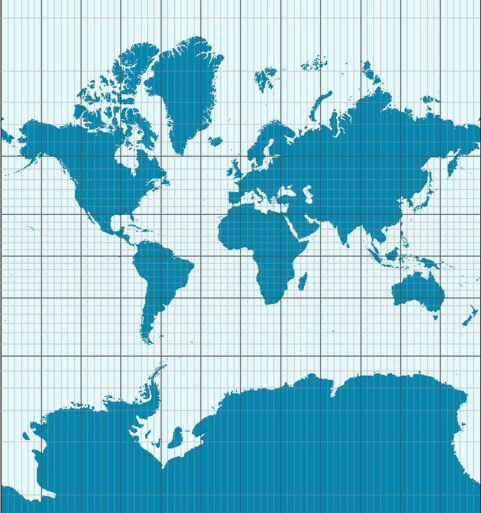 The Mercator map projection, showing how it inflates landmasses near the poles