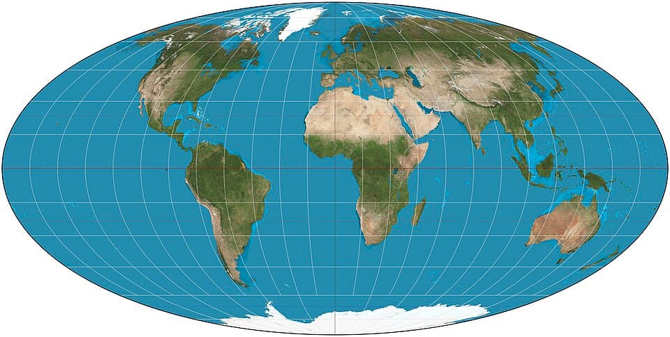 The Mollweide map projection, an equal-area projection shaped like an ellipse