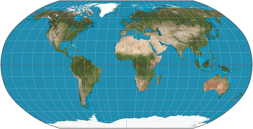 The Robinson map projection, a compromise projection balancing several kinds of distortion